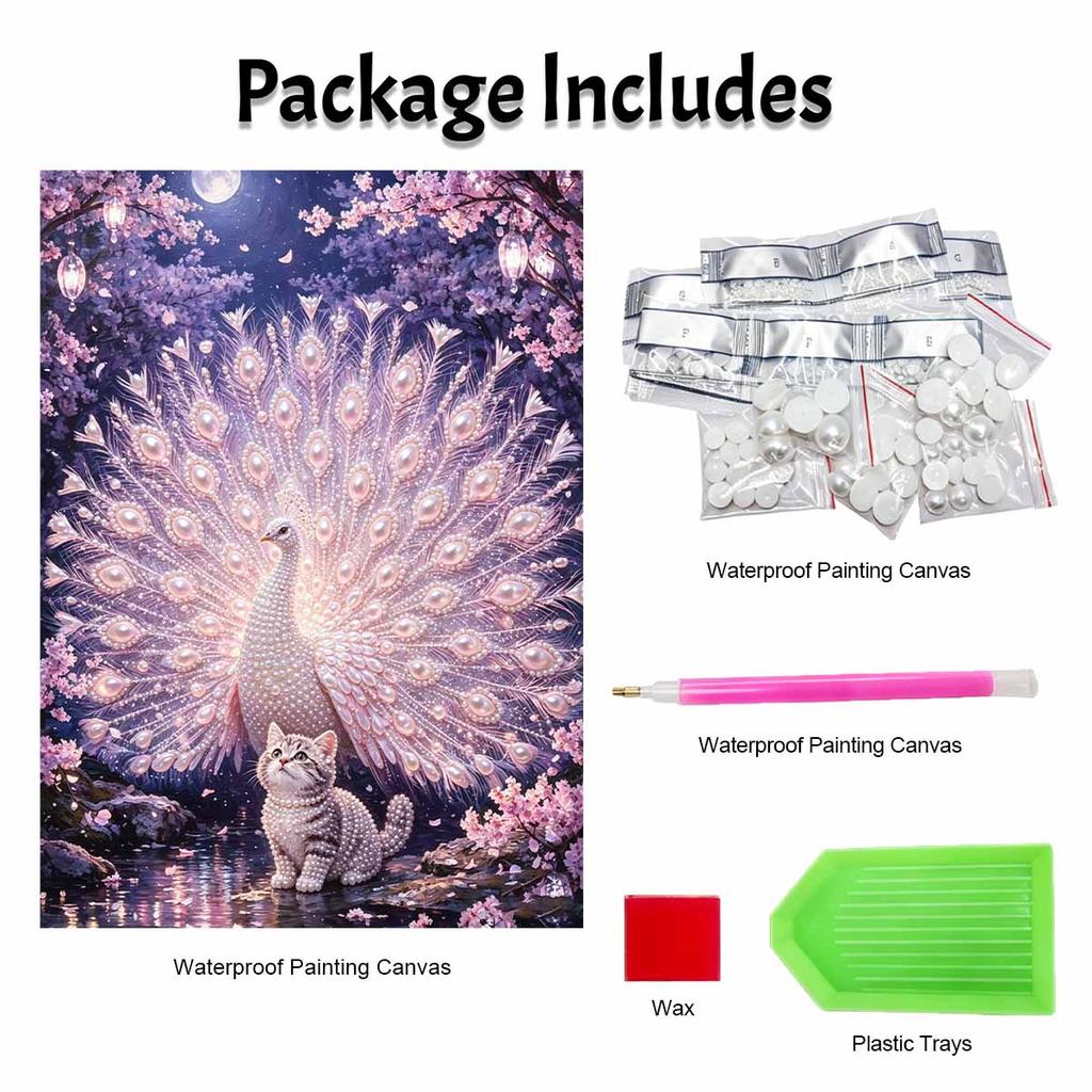 DIY Framed Pearl Painting Kit Peacock Cat Pattern Sparkling Bead Canvas Creative Craft Gift for Women and Adults Home Decor Wall Art Project