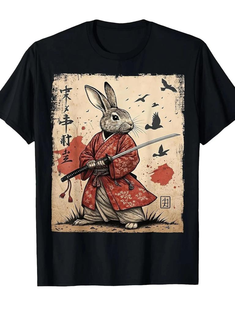 Samurai Kaninchen Anime T-Shirt Japanisch Retro Manga Grafik Streetwear Tee