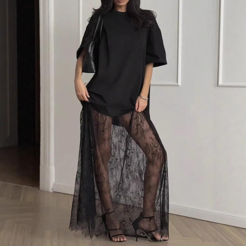 New European and American Express lace splicing mesh loose and comfortable short-sleeved dress