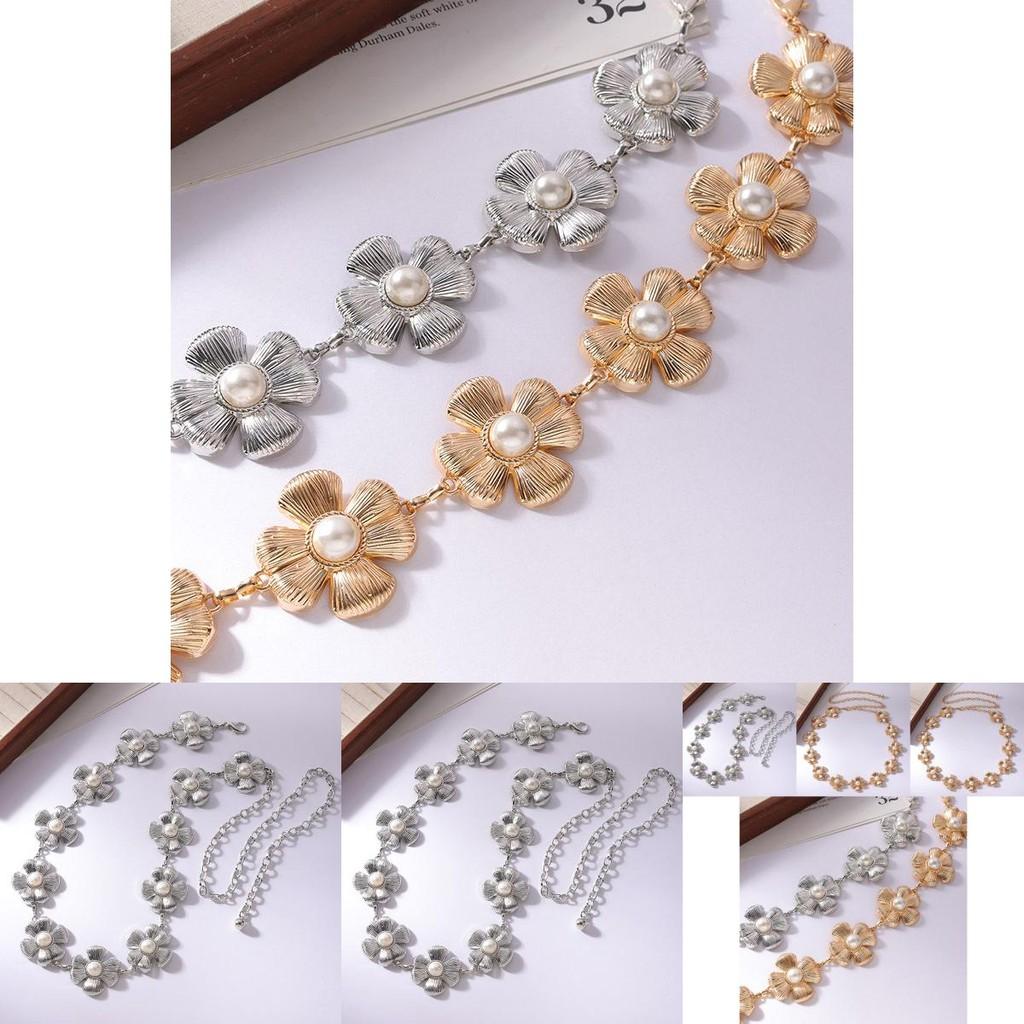Floral Pearl Metal Waist Chain With Carved Flower Design For Women Spring Summer Fashion