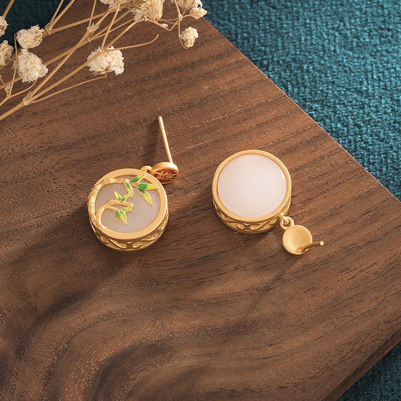 Chinese Style Hanfu-Style Enamel & Jade Imitation Stud Earrings with 925 Silver Needle