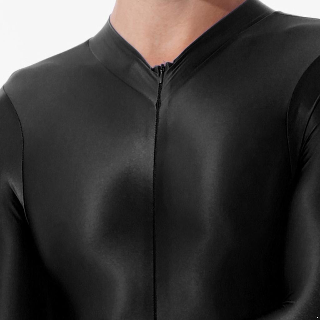 Mens Shiny High Neck Long Sleeve Double Ended Zipper Leotard Bodysuit