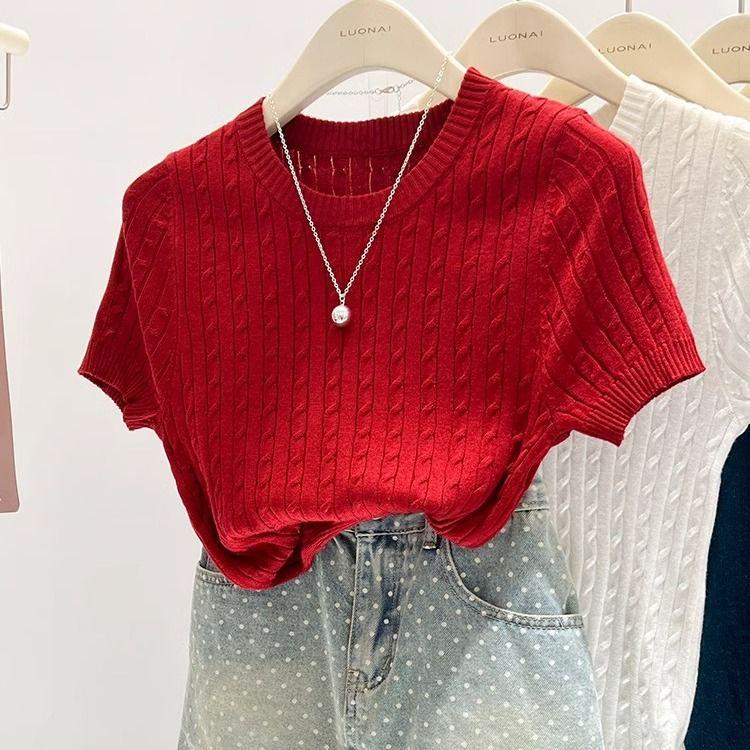 Dámské Vynikající Modré Copánkové Pletené Tričko Slim Fit - Letní Top s Krátkým Rukávem