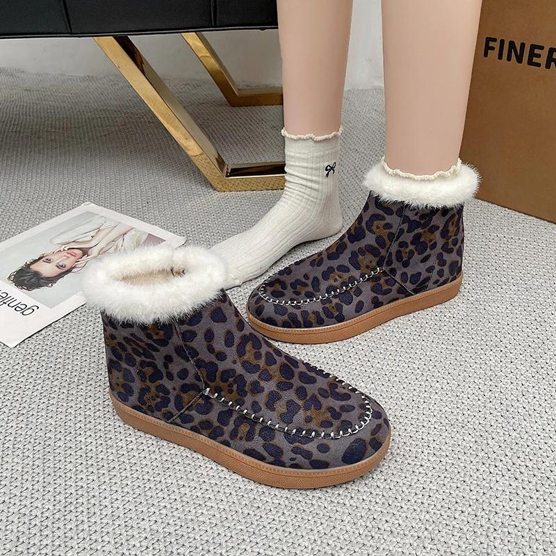 Moda Damskie Modne Płaskie Bawełniane Kozaki Zimowe Nowe Okrągły Nosek Panterka Zamszowy Boczne Zapięcie na Zamek Antypoślizgowe Krótkie Kozaki
