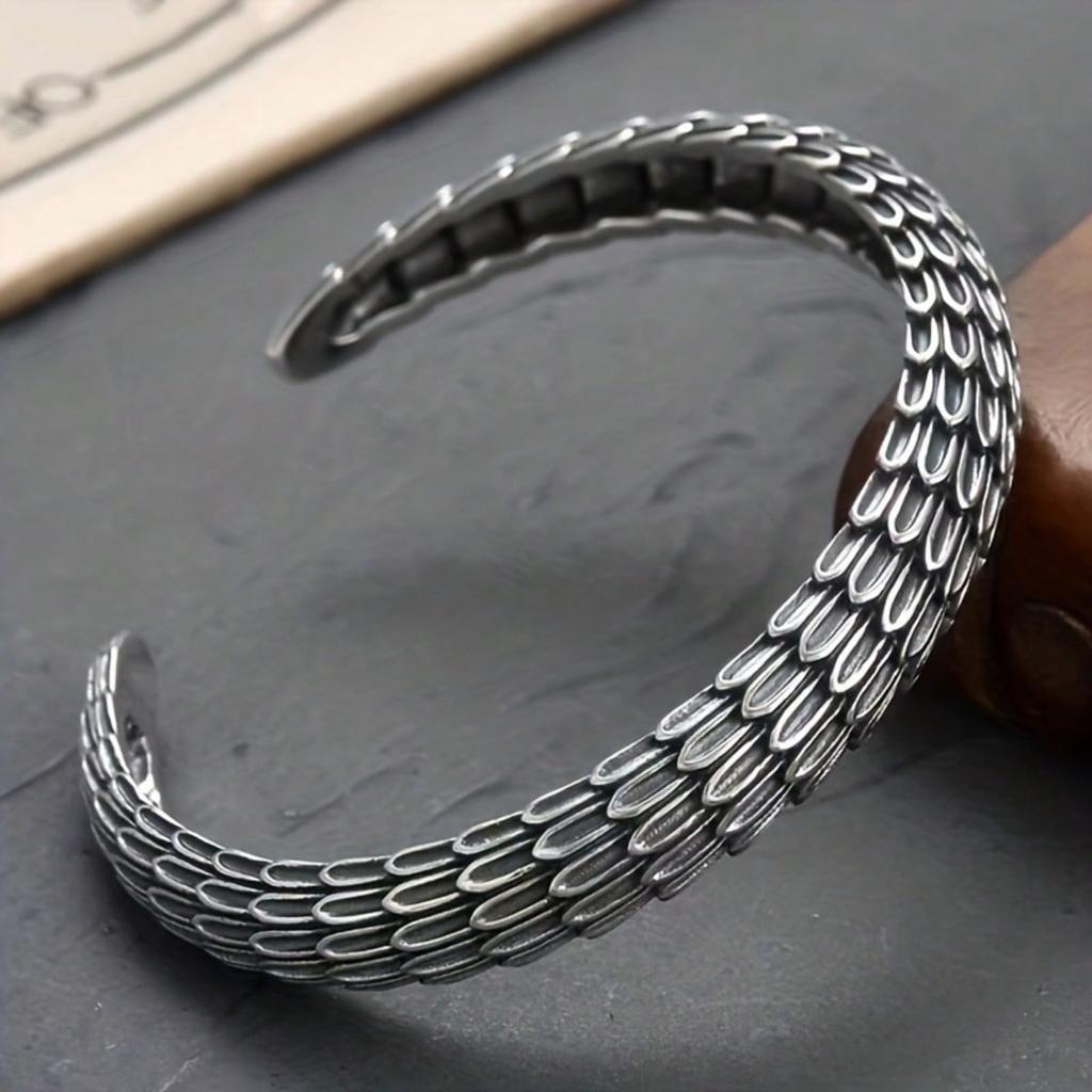 1pc 925 Silver Plated Personalized Dragon Scale Pattern Bracelet, Trendy and Retro Wristband