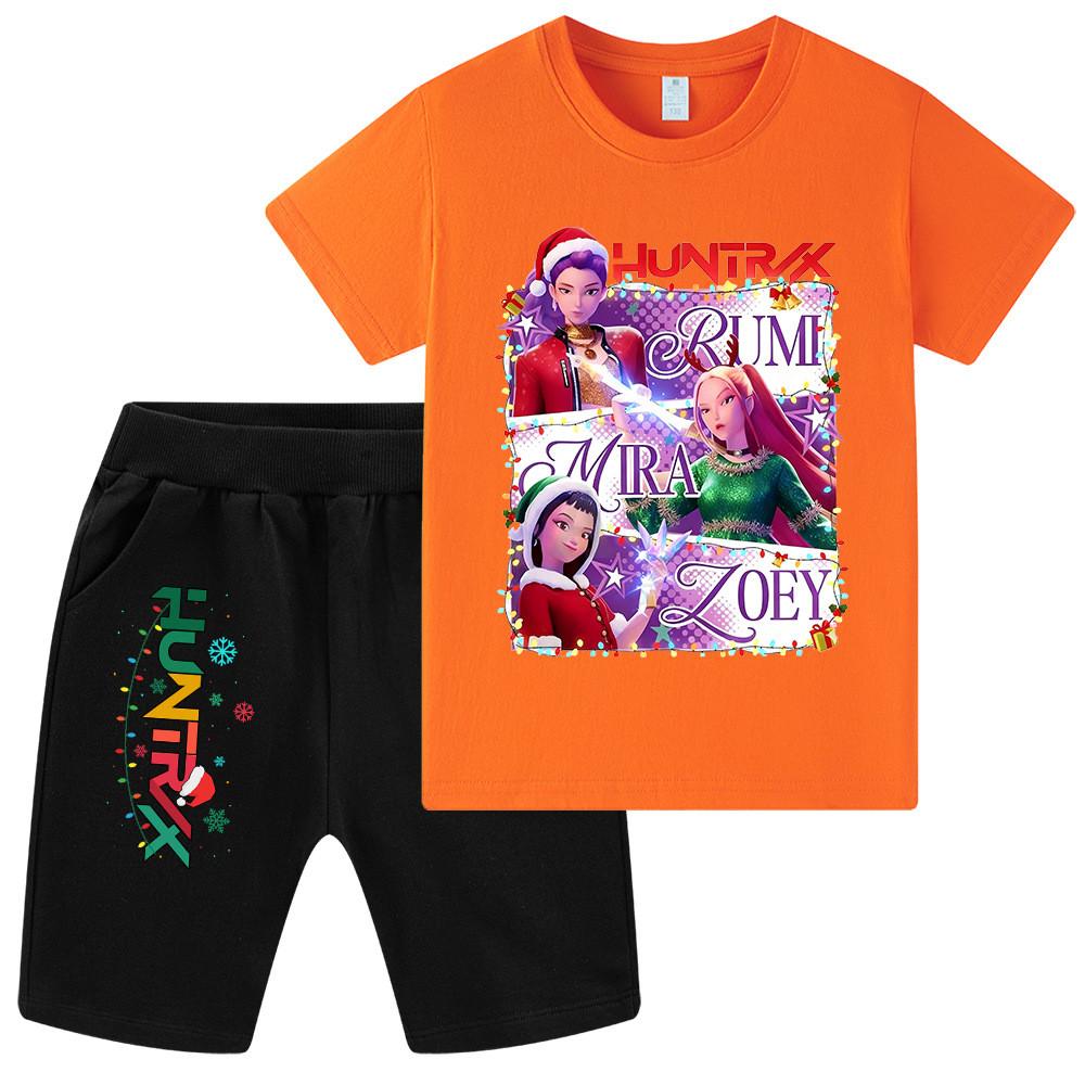 WA1265 Kids Boys Girls Kpop Rumi Zoey Mira Christmas Print Short Sleeves T-shirt Shorts Pants Sets