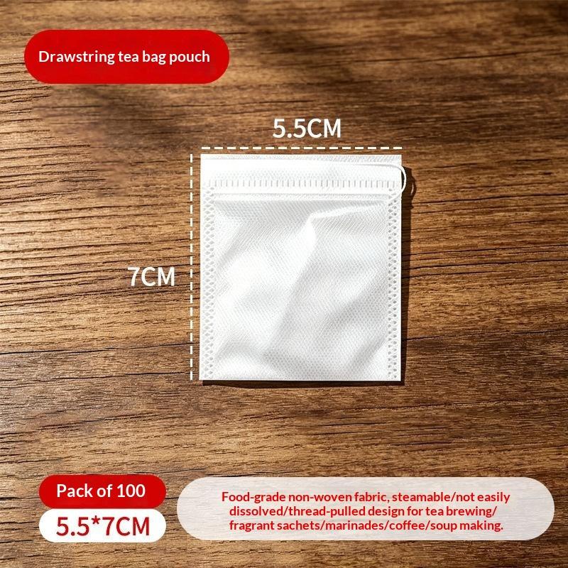100 Pcs Disposable Tea Filter Bags Food Grade Nonwoven Drawstring Leak Proof for Herb Spice Cooking Sachets