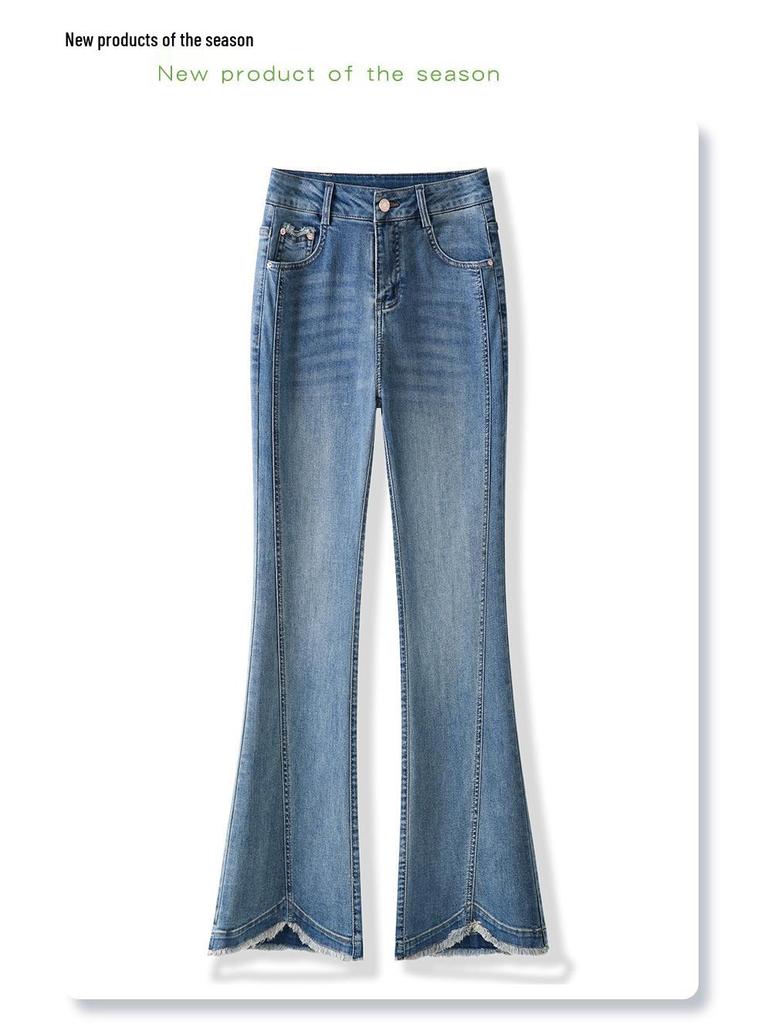 Women's Blue High-Waisted Stretch Flare Jeans with Slit Hem - Spring 2026