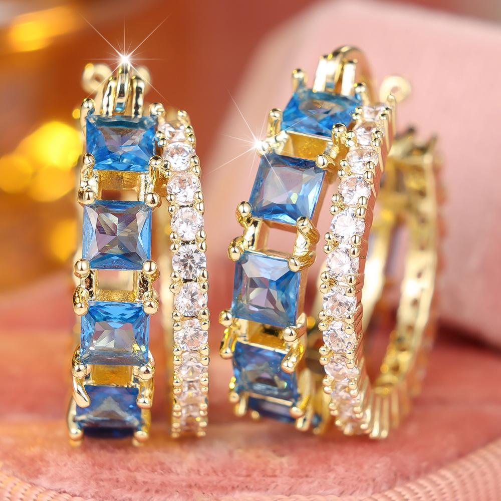 Fashion Gold Color Square Blue White Zircon Double Row Hoop Earrings for Women Party Luxury Jewelry