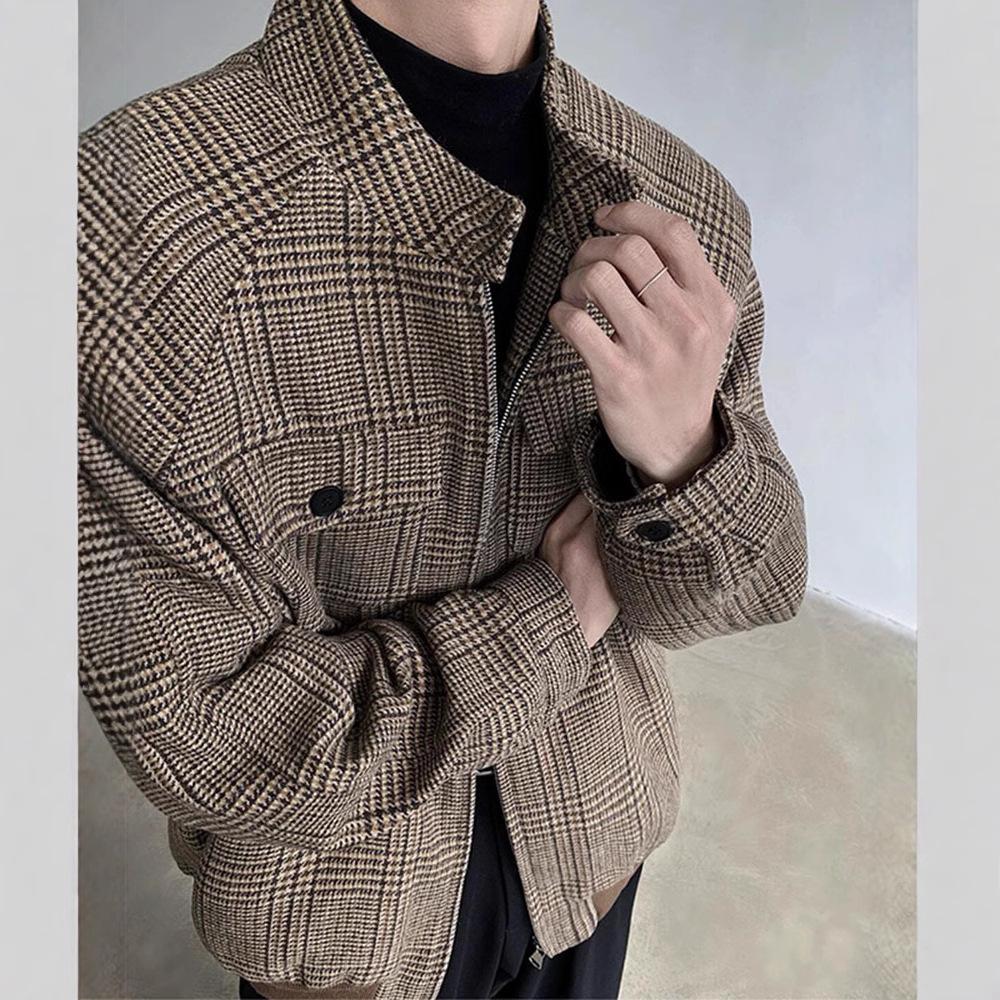 Men's Retro Houndstooth Harrington Jacket - Spring/Autumn, Versatile Stand-Up Collar