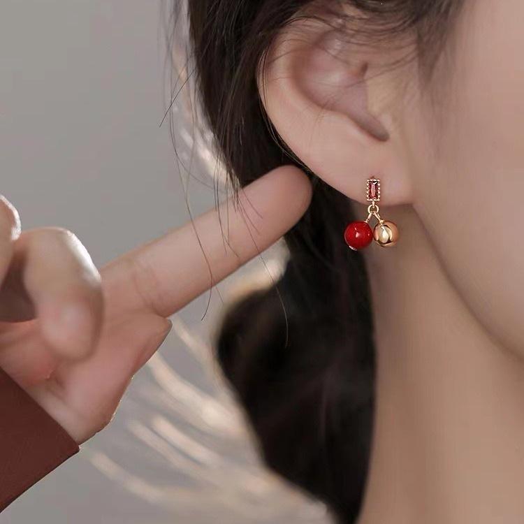 2023 High-End 925 Silver Red Bean Stud Earrings for Women - New Year Style