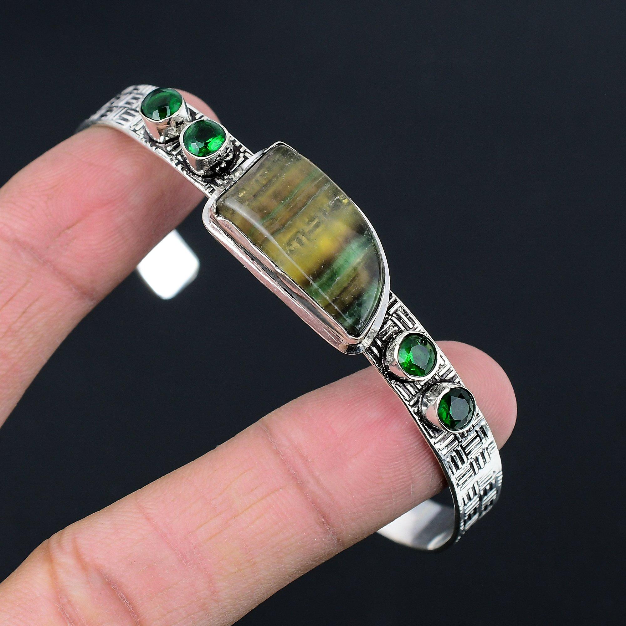 

Natural Multi Fluorite Gemstone Bangle Adjustable 925 Sterling Silver Jewelry Adjustable
