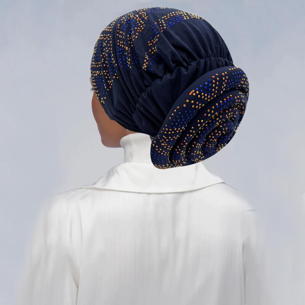 Full Diamonds Women's Donut Turban Cap Elastic Muslim Headscarf Bonnet Female Headband Hat African Caps Lady Hair Accessories