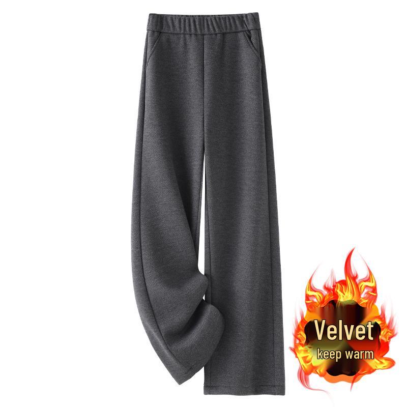 

2024 Women s Gray Wool Wide-Leg Pants: Soft, Fleece-Lined, Thickened for Autumn/Winter XL