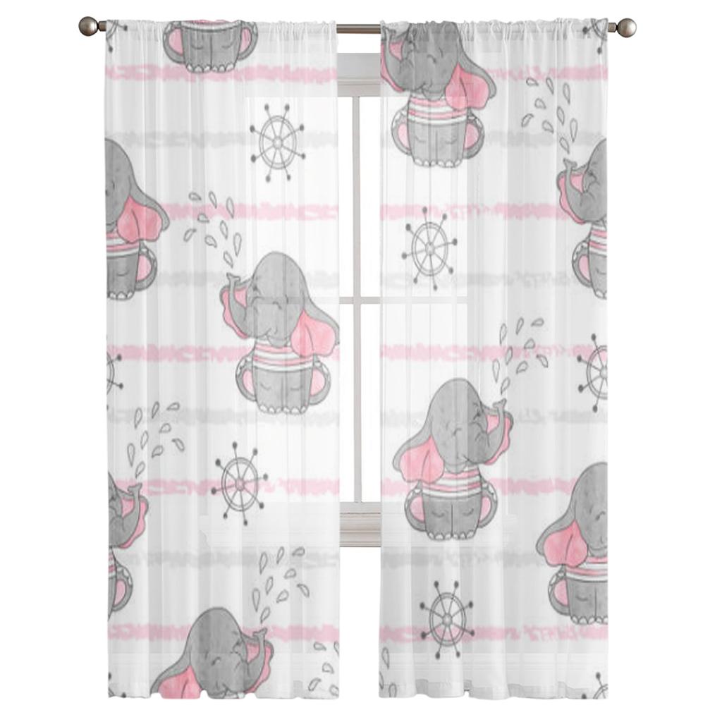 Niedliche Matrosen-Elefanten Tüllvorhänge für Wohnzimmer Schlafzimmer Weihnachten Chiffon Transparent Voile Küchenvorhang