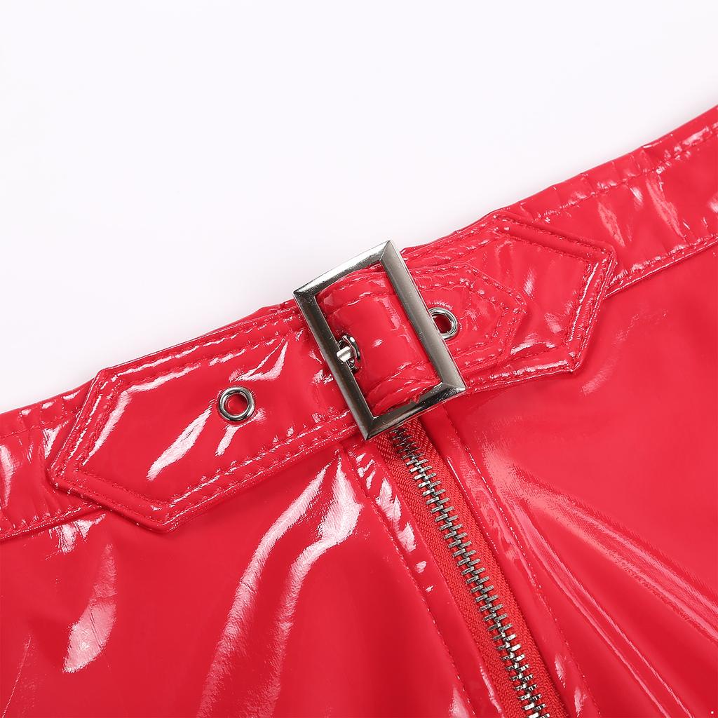 Womens Patent Leather Lingerie Set Halter Neck Open Cup Bra Crotchless Briefs Wet Look Clubwear Night Outfit