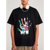 Men's Black T-Shirt Colorful Handprint Say Hi Graphic Print Casual Streetwear Top for Everyday Wear and Music Events