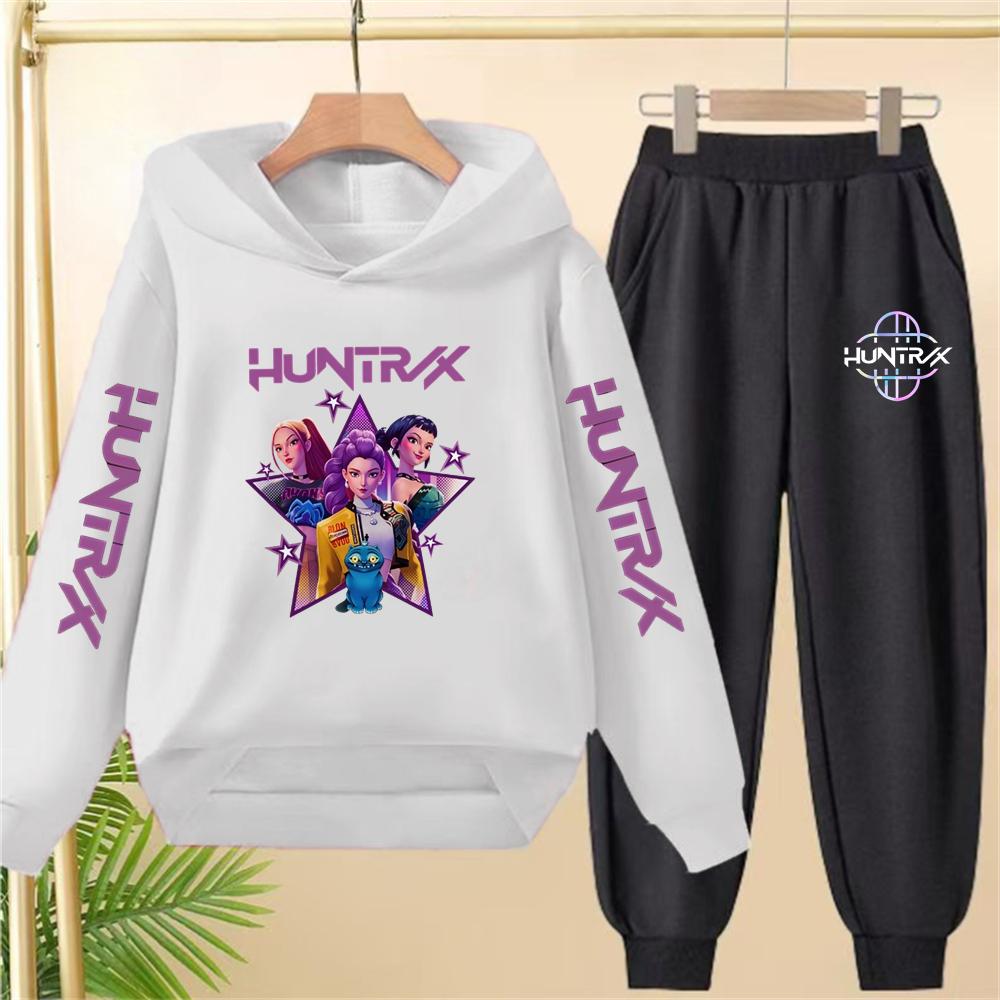 Children pink Hoodie KPop Demon Hunters Print Black Boys Girls Coat Sweatshirt+Pants Toddler Clothes autumn winter Set