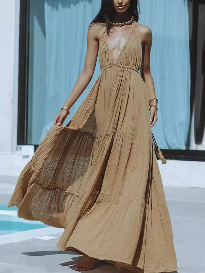 European and American Women's Halter V-neck Lace-up Solid Color Split-ended Dress Sexy Vacation