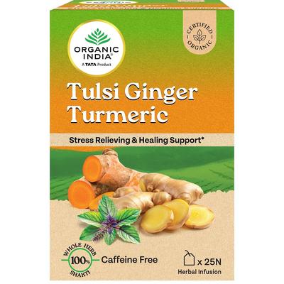 ORGANIC INDIA Tulsi Ginger Turmeric Tea Bags 25  Stress Relief Herbal Infusion Organic Caffeine-Free