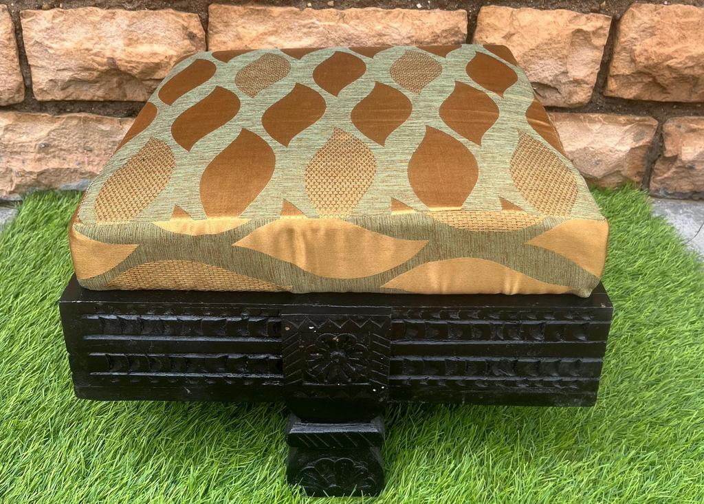 Wood Carved Sitting cushion Chakki Grinder Table- Furniture with cushion-Footstool Leather Cushion-Home Decor Style Carved Ottoman Low Stool