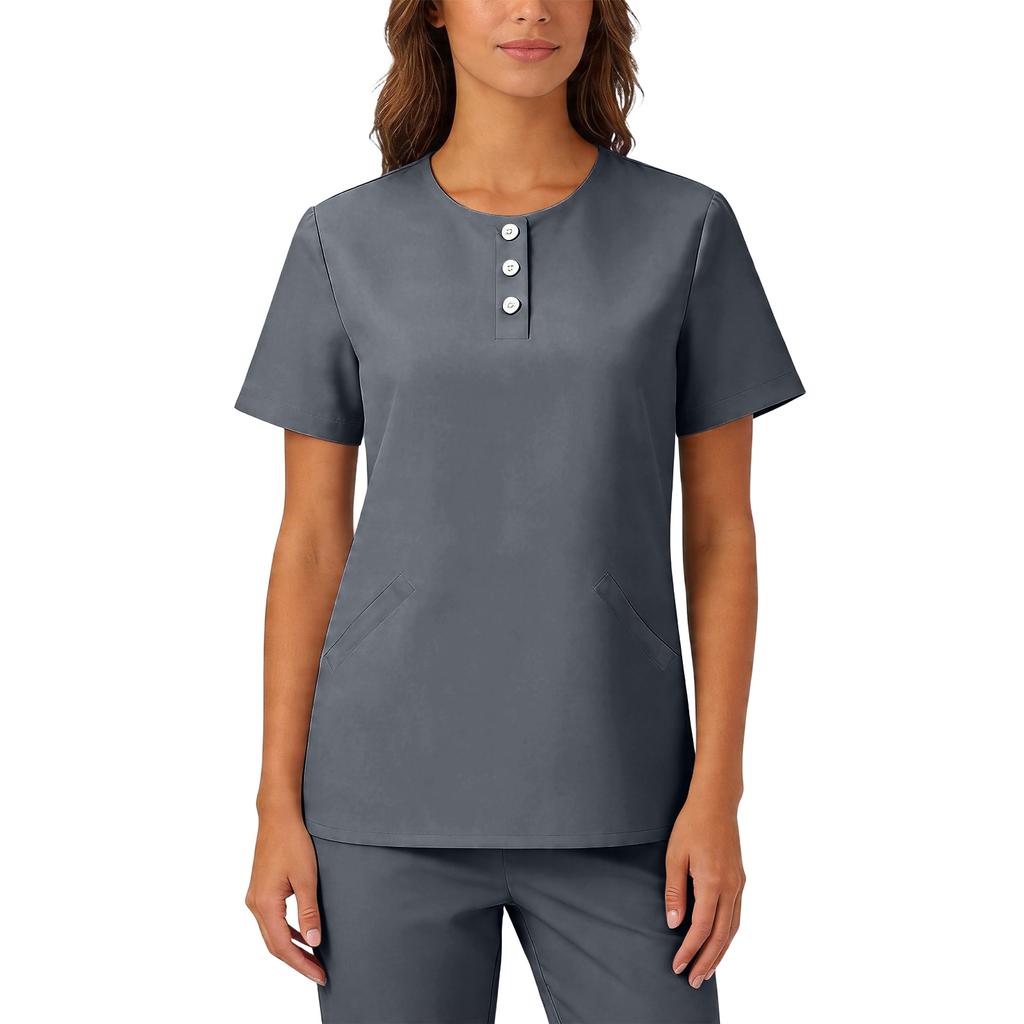 Womens Stretchy Quick Dry V Neck Short Sleeve Top with Pockets Button Front Uniform Blouse for Healthcare Hospitality Service