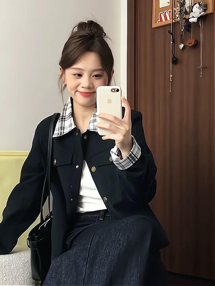 Trendy Petite Plaid Lapel Jacket for Women - Spring/Autumn 2025