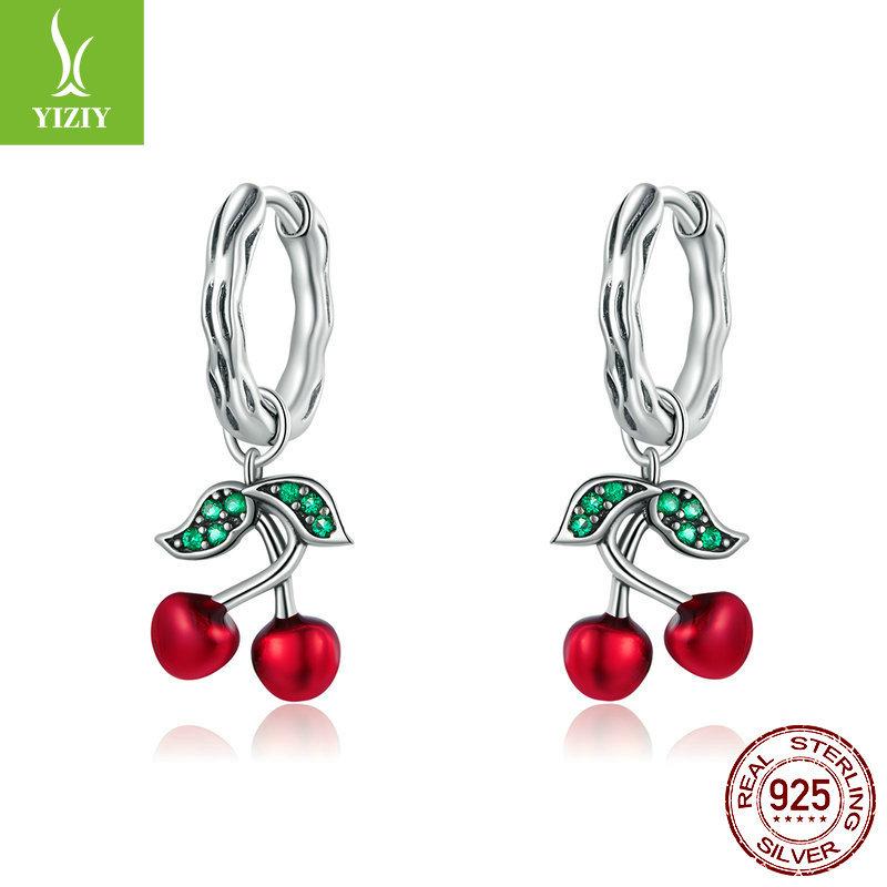Sweet Cherry S925 Silver Earrings, Oil Drop Inlaid Zircon Stud Earrings Sce905