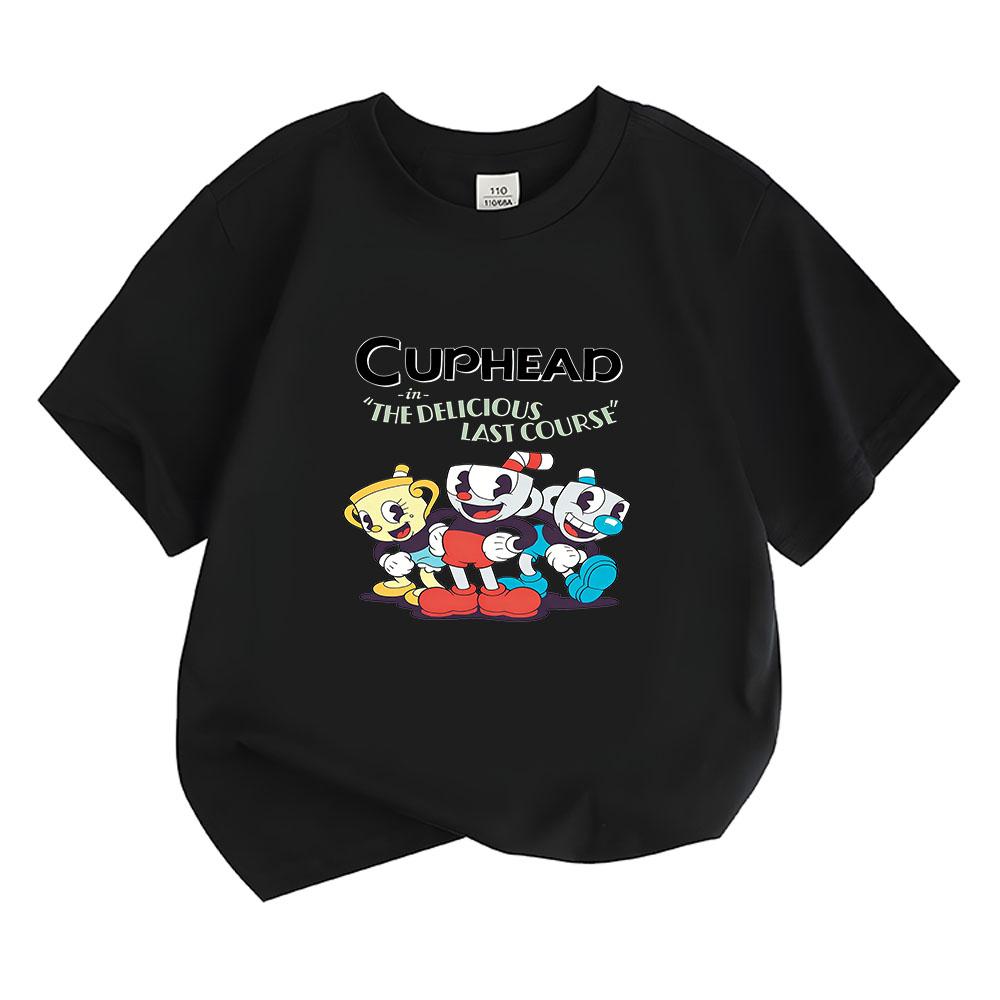 

2026 NEW Cuphead Cartoon Cotton T-shirt Boys Girls O-neck Clothing Tops Manga Print Short Sleeves Sports Casual Kids Tees Summer 100 чёрный