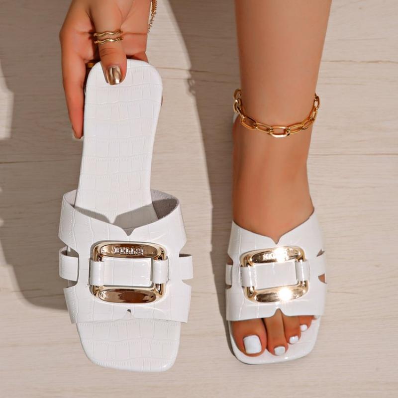 Fashion 2024 Slippers Lightweight Elegant Women Slip on Casual Slippers Women Metal Decoration Square Toe Flat Shoes Slides Women