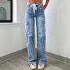 Women's High Waist Drawstring Side Pocket Cargo Wide Leg Denim Pants Fall Casual Stretch Jeans