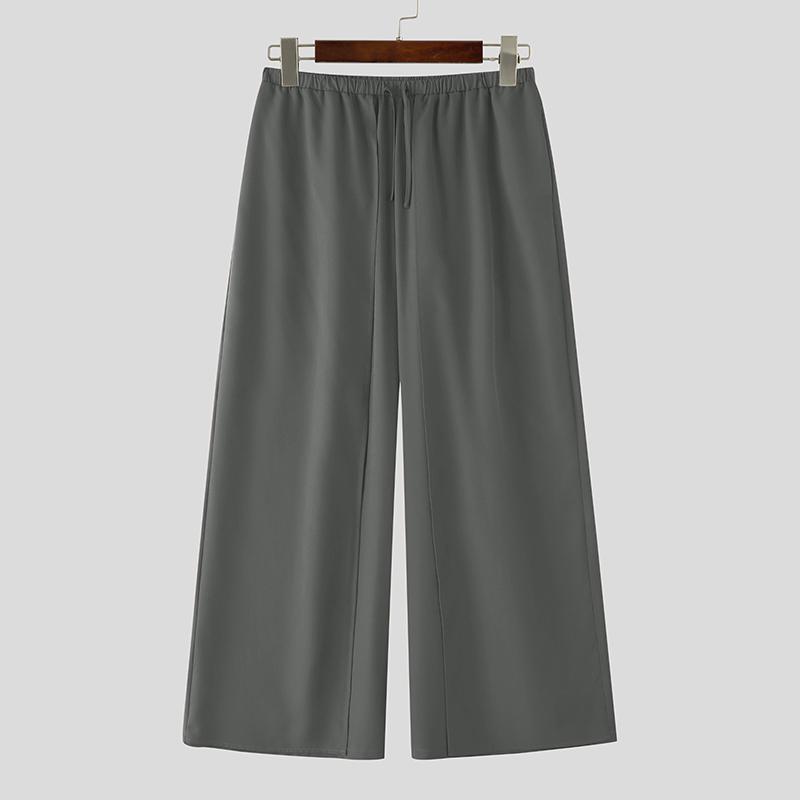 INCERUN Men Drawstring Elastic Waist Casual Long Wide Legs Pants Trousers