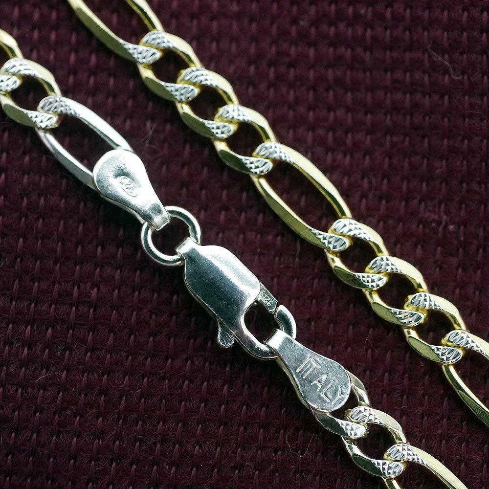 Silver One Figaro Chain Necklace for Made In Italy from 925 Sterling 18K Gold and Silver Sparkling 4mm 1mm Fine Gold Men, Silver, Plated, Cut, Wide,