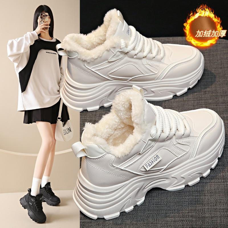 Fleece two cotton sneakers women's shoes winter 2 winter new thick-soled dad shoes thickened and warm