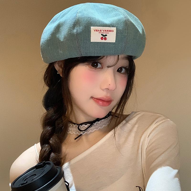 Vintage Cherry Patch Denim Beret Children Spring and Summer Versatile Octagonal Hat Show Face Little Painter Hat