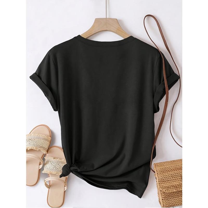 European Size Women'S Printed Short Sleeve T-Shirt, Casual Crew Neck, Animal Pattern, Small Elephant Design, Street Style, Regular Fit