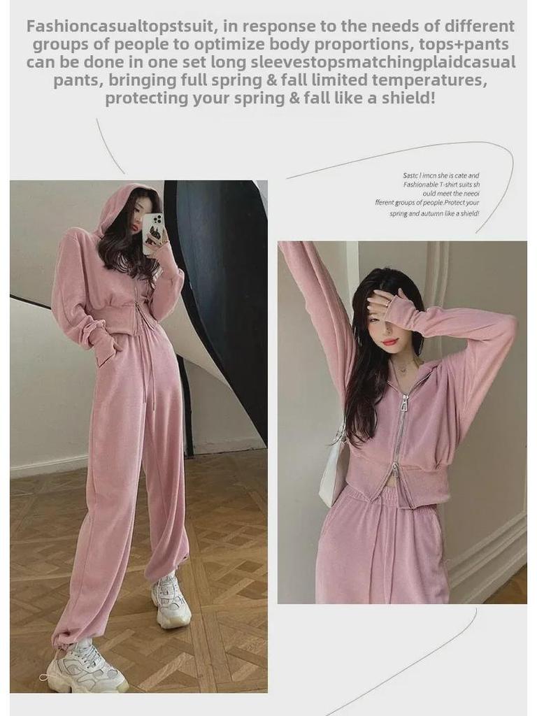 Completo Due Pezzi da Donna Cardigan con Zip Dimagrante e Pantaloni a Gamba Larga per Primavera e Autunno