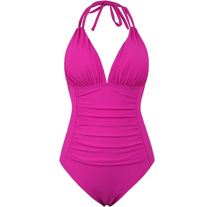 Womens Ruched One-Piece Swimsuit With Neck Tie Tummy Control Built-in Pad No Underwire Solid Color Bathing Suit Pool Beach