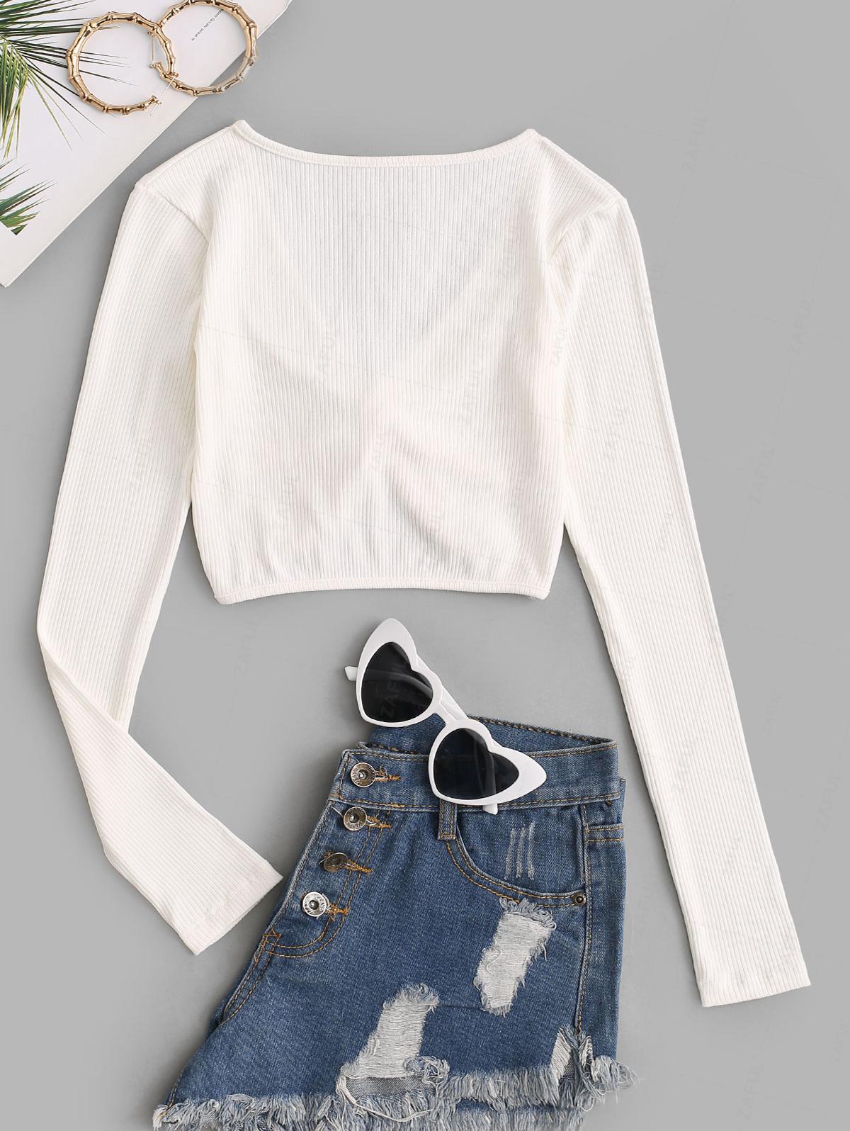 

ZAFUL Twist Front Rib-knit Long Sleeve Top S белый