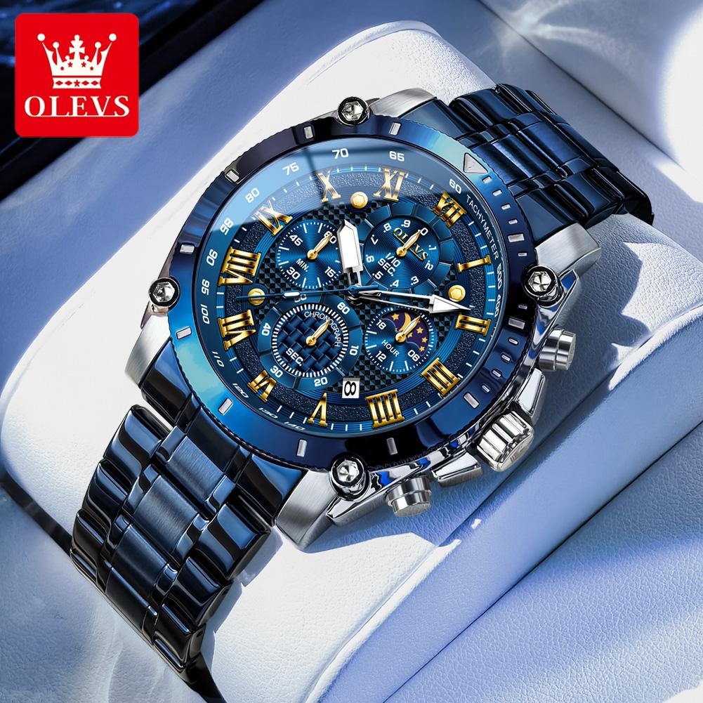 OLEVS 3689 Quartz Men's Watch Multi-functional Date Moon Phase Waterproof Luminous Watch for Men Sports Hand Clock
