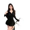 Black Pleated Polo Collar Dress with Cinched Waist - Sporty Slim Fit