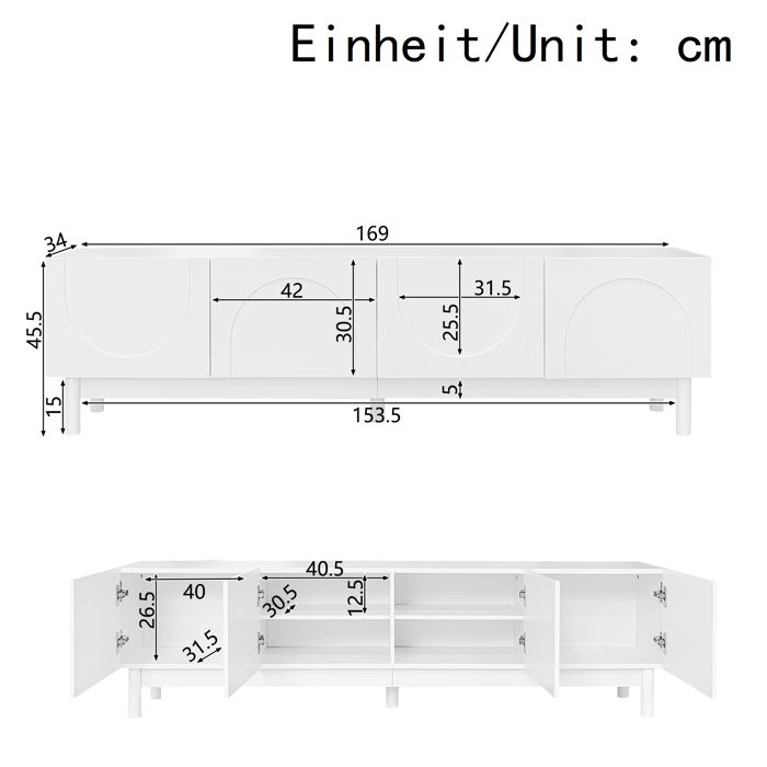 Meuble TV Blanc Moderne 169x35x45,5 cm Meuble TV Bas avec 4 Portes sans Poignée, Rangement et Pieds en Bois Massif - Design Ondulé
