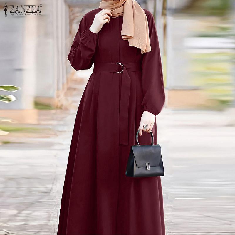 ZANZEA Women Casual Round Neck Solid Color Long Sleeve Loose Long Dress