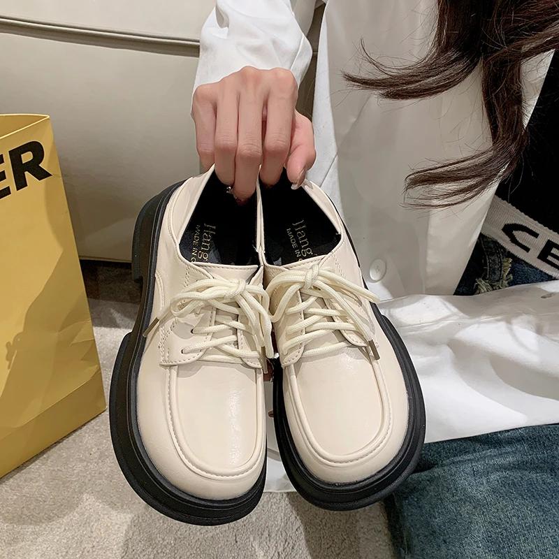 Fashion Women's Flats Autumn Platform Single Shoes Fashion Lace Up Shallow Chunky Heel Mary Jane Shoes for Women Student Dress Pumps
