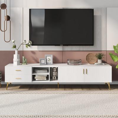 TV Lowboard TV Cabinet 2 Lockable Compartment 2 Drawers 3 Open Shelves, Modern TV Sideboard, Living Room Dining Room, White, 180 X 35 X 44 Cm