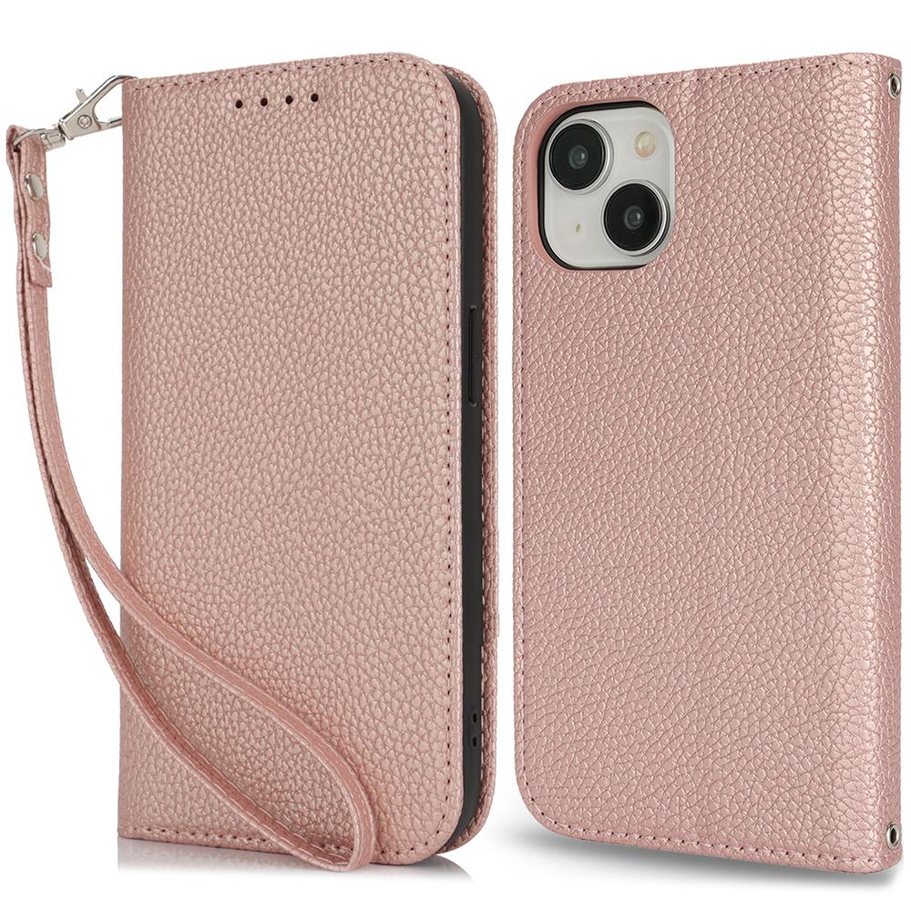

Stand Case for iPhone 14/13 Litchi Texture Leather Flip Phone Cover with Strap/Wallet Rose Gold