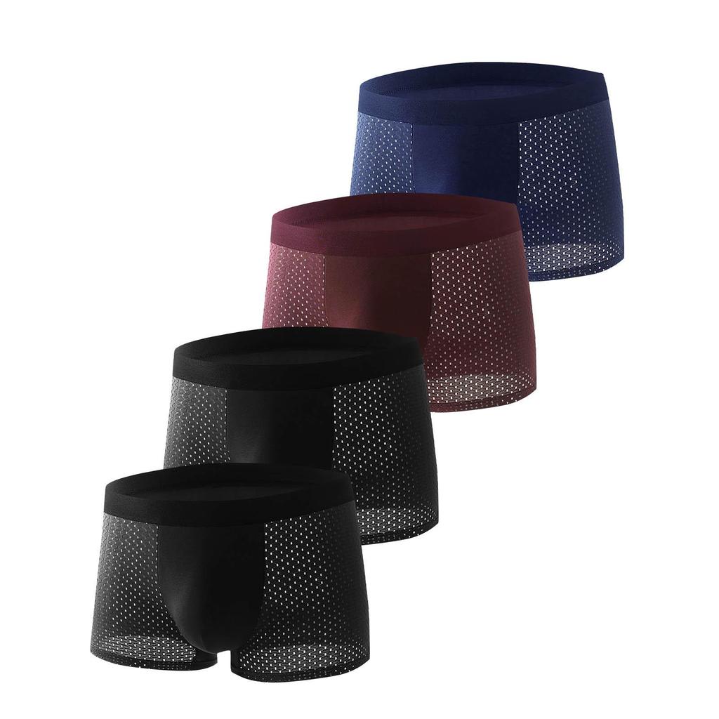 Men's Black Ice Silk Mid-Waist Breathable Mesh Boxer Briefs