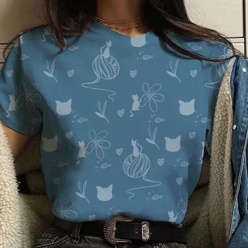 3D-tryckt söt djur-t-shirt för kvinnor roliga kattgrafiska t-shirts sommarmode överdimensionerade t-shirts kortärmade toppar med rund hals