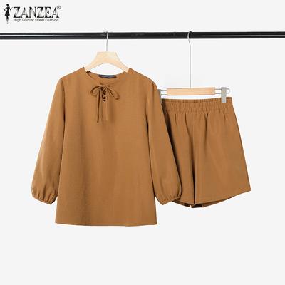 Women Long Sleeve Blouse and Shorts Summer Two Piece Suit Sets