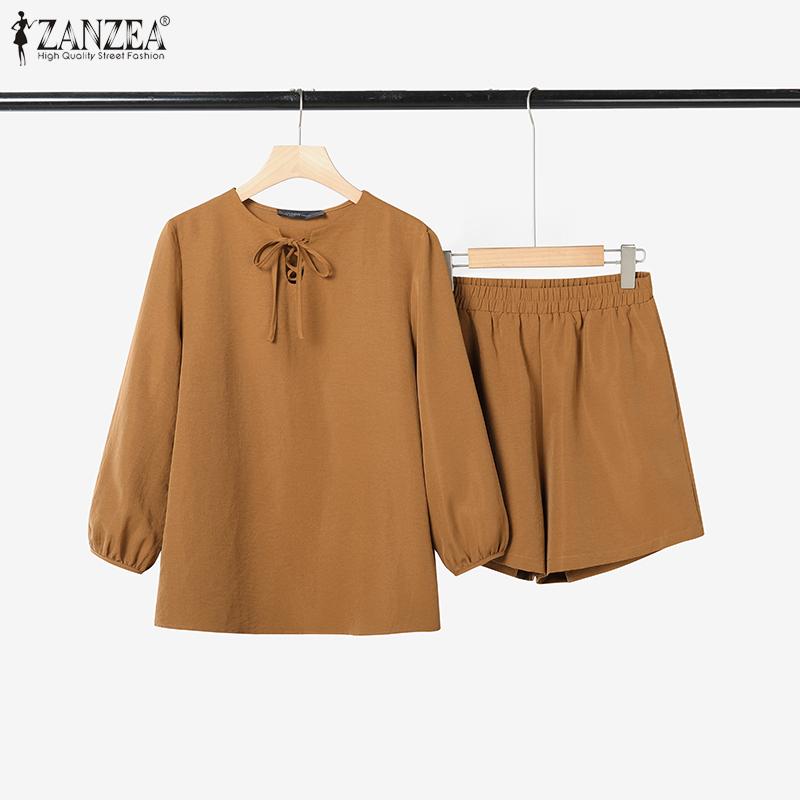 ZANZEA Women Long Sleeve Blouse and Shorts Summer Two Piece Suit Sets